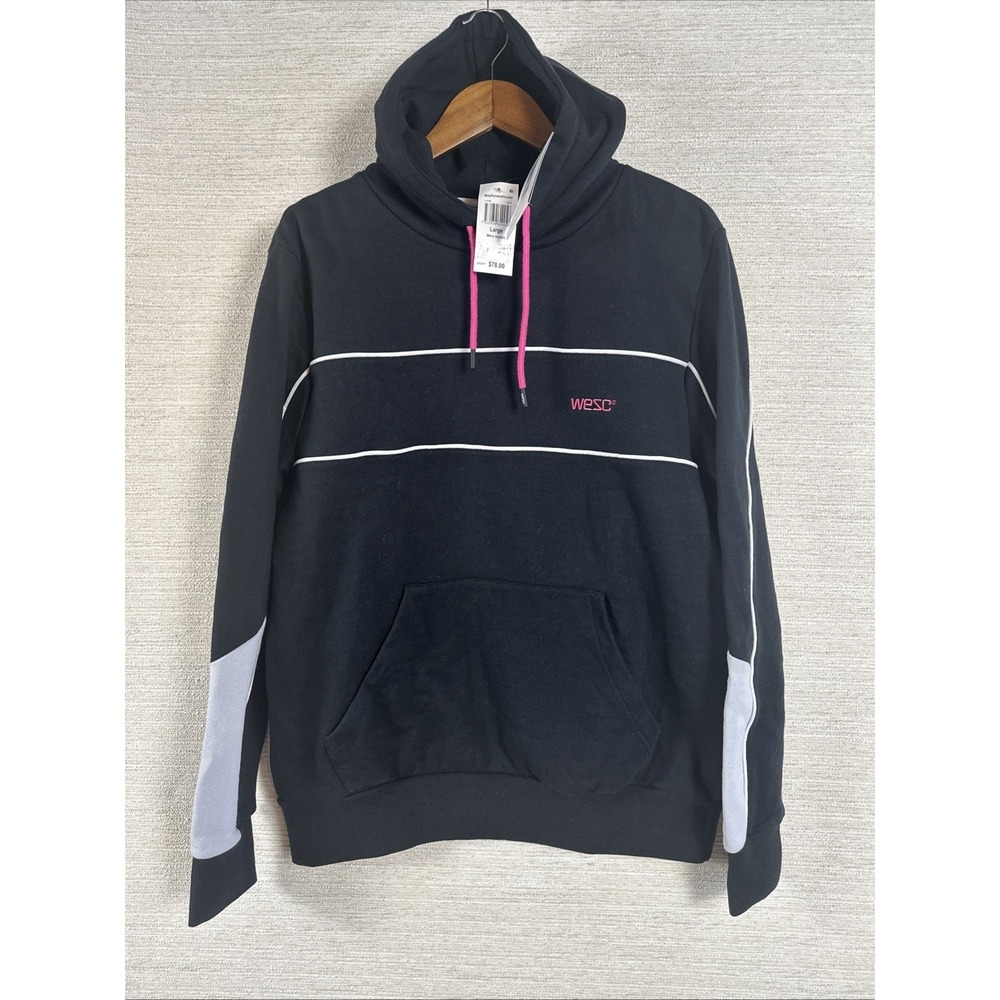 WeSC Hoodie Mens L‎ Black Colorblock Pullover Hooded Sweatshirt Streetwear NWT